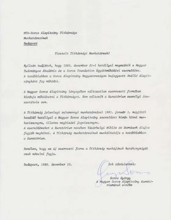 Thumbnail az MTA-Soros Alapítvány Titkársága munkatársainak kiküldött tájékoztatólevél